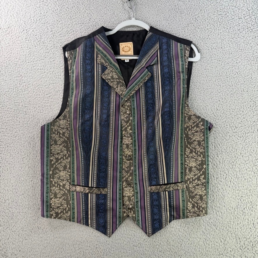 Wah Maker Vest Mens XL Multicolor Floral Striped Brocade Western Victorian Cinch
